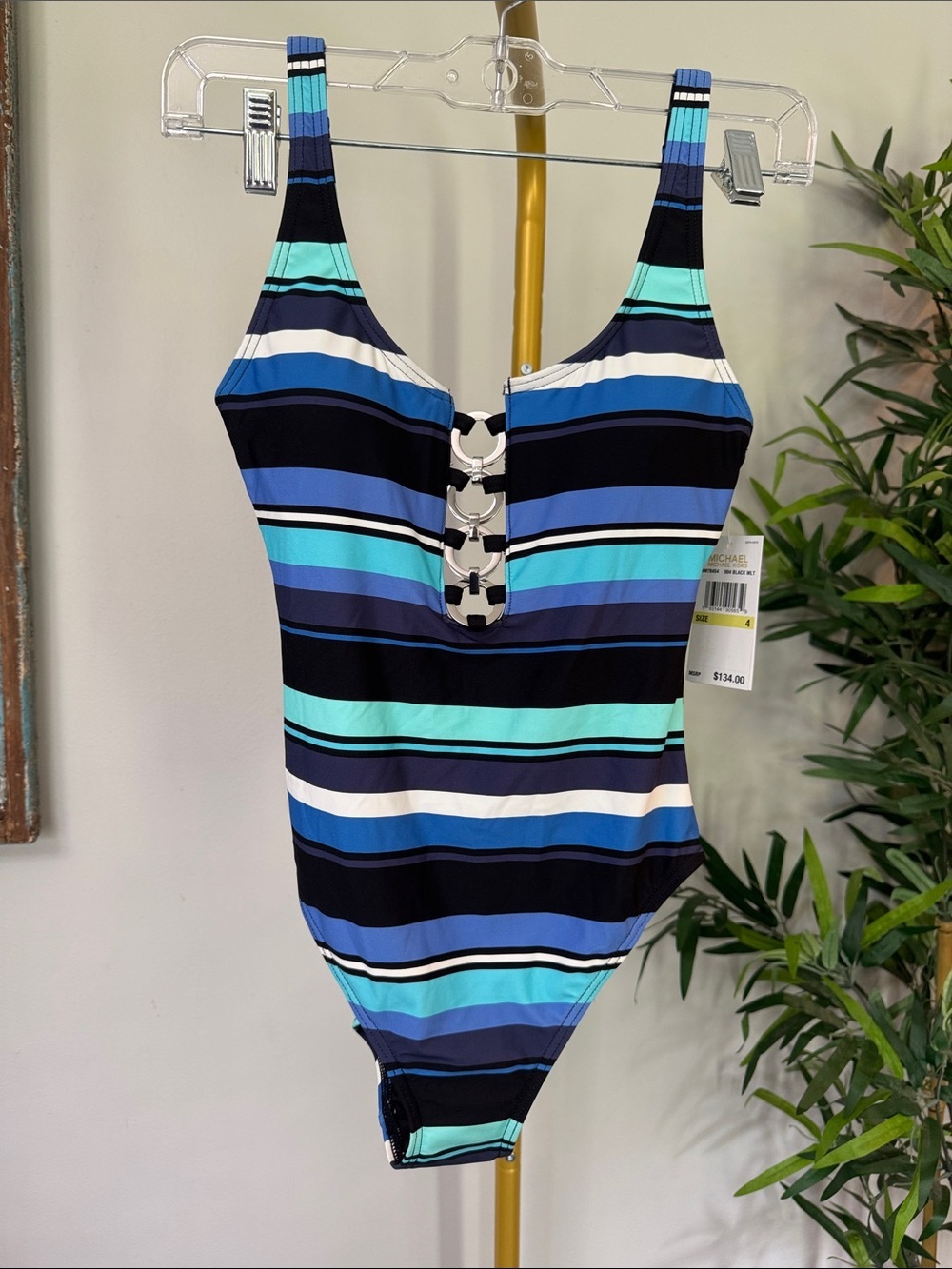 Michael Kors Blue Striped One-Piece Swimsuit with Front Rings NWT 4
